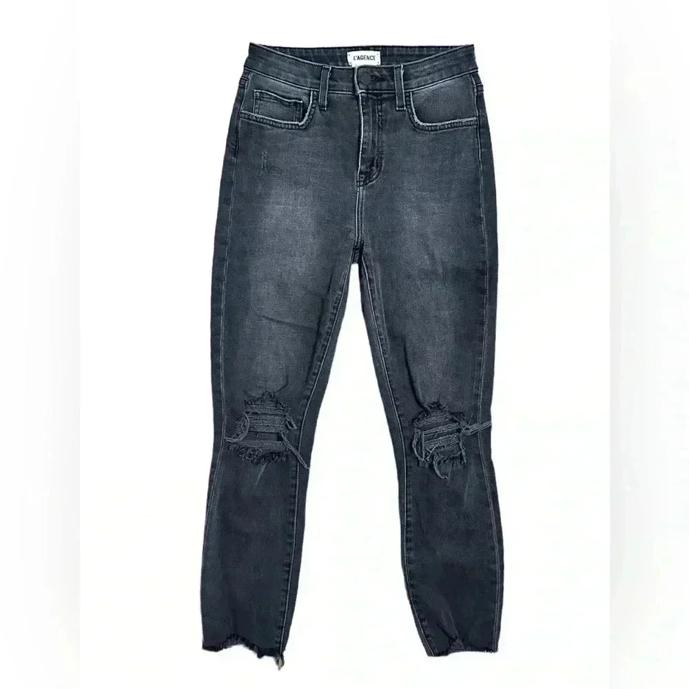 L Agence Womens High Rise Distressed High Line Skinny Jeans Gray Denim Size 26